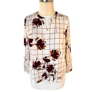 Liz Claiborne - Women's L Blouse Long Sleeve Mandarin Collar Henley Grid Floral